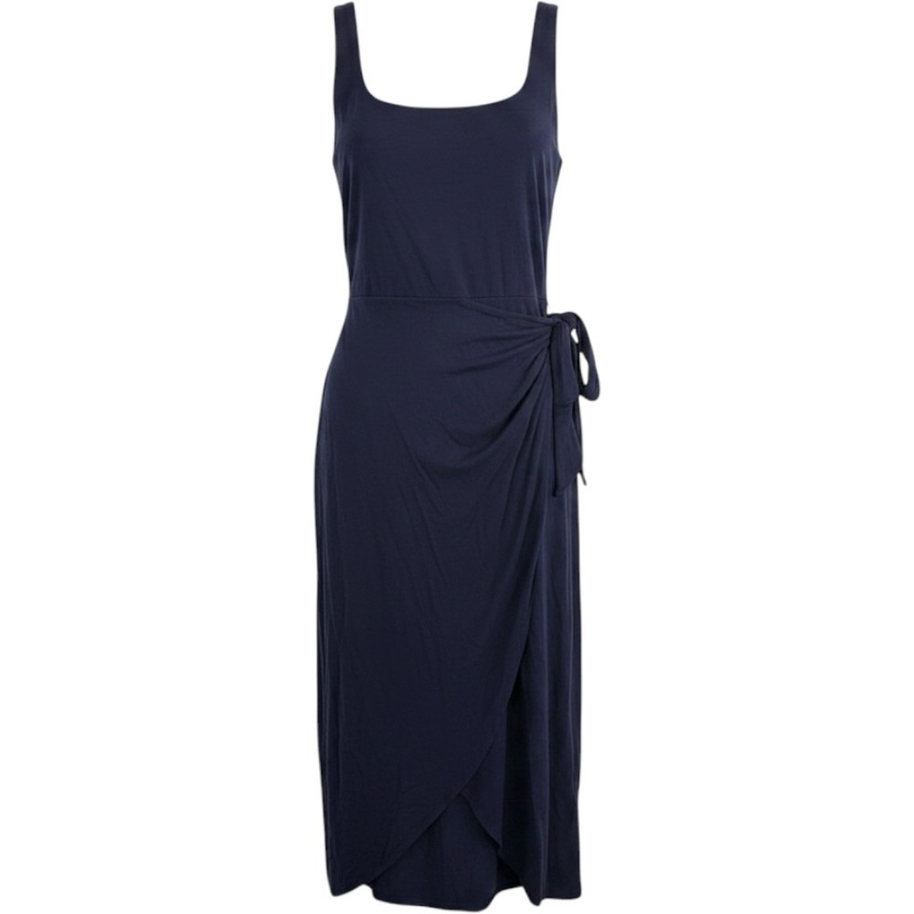 Quince Tencel Blend Jersey Tie Wrap Midi Dress Navy Blue Sleeveless Size Small